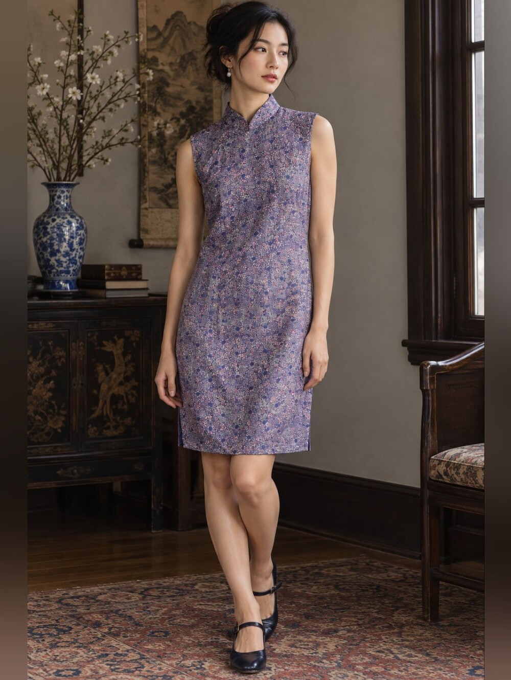 Sleeveless Floral Asian Design Dress in Navy With Red Accents Silk Sz M